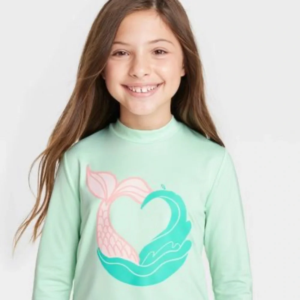 Girls' Mermaid Wave Long Sleeve Rash Guard Swim Top - Cat & Jack™ Mint Green